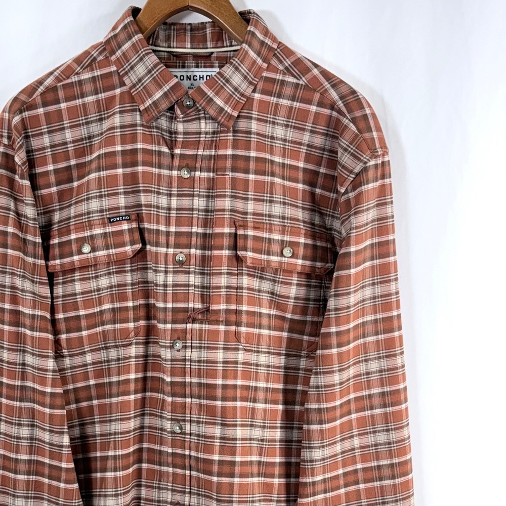 Poncho Outdoors Shirt Rust Orange Plaid Magnetic Pockets Mens XL Slim Fit